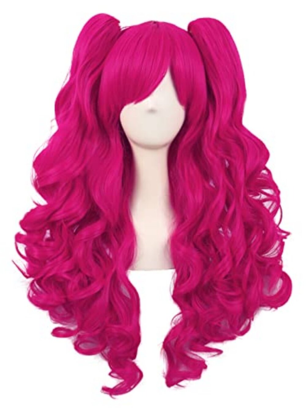 Lolita Long Curly 2 Ponytails Clip on Cosplay Wig, Hot Pink